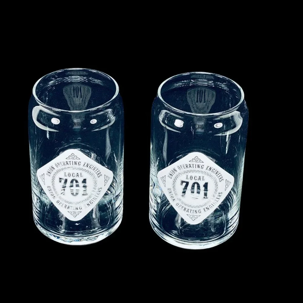 Local 701 Union Operating Engineers Set of 2 Beer Can Shape Glass Tumblers 16 oz